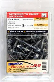 TYPE 17 ROOFING SCREWS - 12g x  50mm -  HEX HEAD - B8 WITH SEALING WASHER - PKT 50 - BREMICK