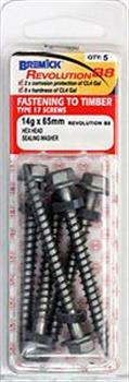 TYPE 17 ROOFING SCREWS - 14g x  65mm -  HEX HEAD - B8 WITH SEALING WASHER - PKT 5 - BREMICK