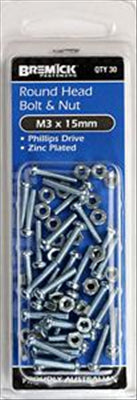 BOLTS & NUTS - M3 x 15mm - ZP - 30 PACK - ROUND HEAD