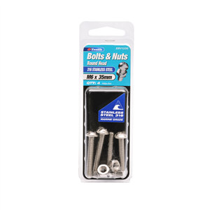 BOLTS & NUTS - M6 x 35mm - STAINLESS STEEL 316 - 4 PACK - ROUND HEAD