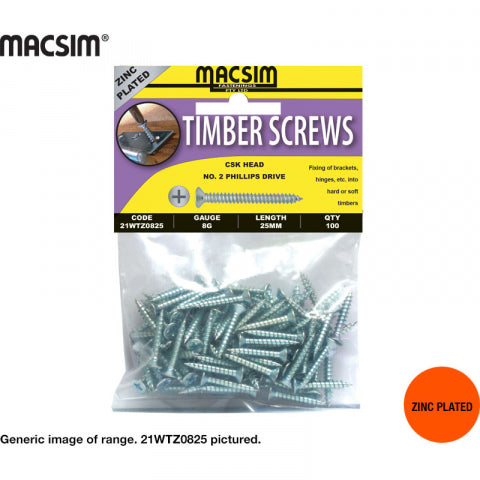 TIMBER SCREWS - ZINC  PLATED - CSK HEAD - 8 X 25MM - PKT 100