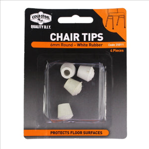CHAIR TIPS - 6MM WHITE RUBBER - ROUND - 4 PACK