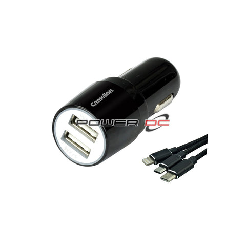CAR CHARGER - TWIN USB + 3-IN-1 USB MICRO/TYPE-C/LIGHTNING CABLE