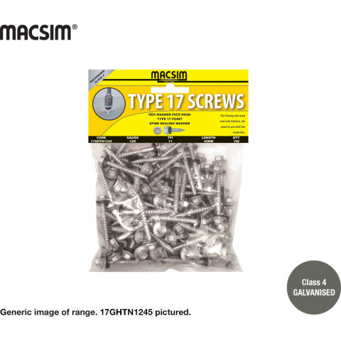 TYPE 17 ROOFING SCREWS - 12g x 45mm -  HEX HEAD - GAL WITH SEALING WASHER - PKT 100