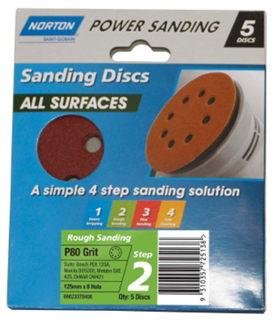 SANDING DISC  - 125mm x 8 HOLE -  P80 - 5 PACK