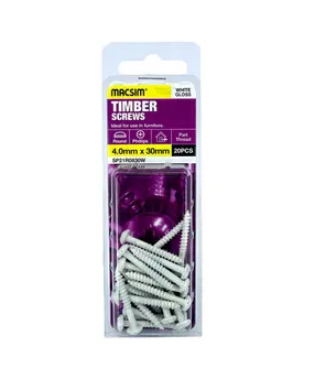 TIMBER SCREWS  - WHITE - 4mm x 30mm -  COUNTERSUNK - 20 PACK