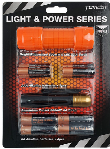 TORCH & BATTERIES - 2 TORCHES + BATTERIES VALUE PACK -  TOMCAT