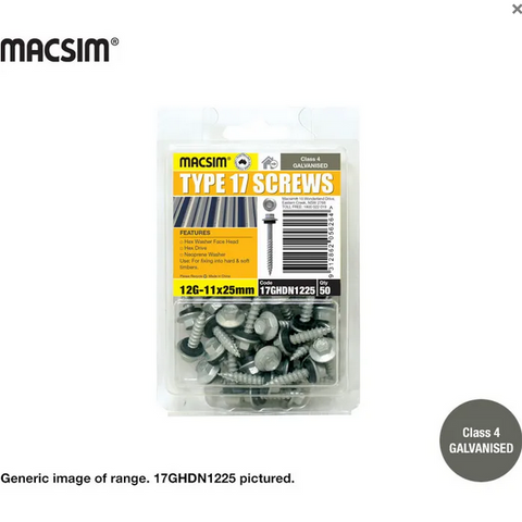 TYPE 17 HEX HEAD SCREWS - 12g x 65mm  - GAL WITH SEALING WASHER - PKT 50