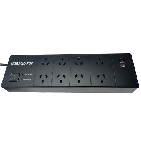 POWER BOARD - 8 OUTLET WITH 2 USB PORTS - SURGE OVERLOAD SWITCH - BLACK - ULTRACHARGE