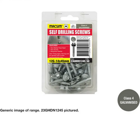 SELF DRILLING SCREWS - GALVANISED - HEX HEAD WITH SEAL - HEX DRIVE - 10 X 16MM - PKT 100