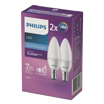 LED  CANDLE GLOBE -  SBC -  5W -  470 LUMENS - COOL DAYLIGHT - PHILLIPS - 2 PACK