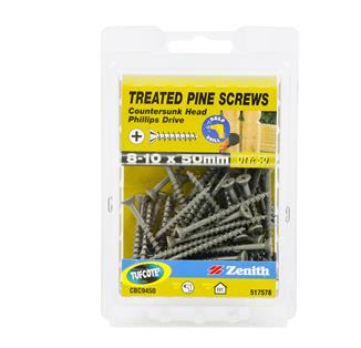 TREATED PINE  SCREWS - TUFCOTE  - CSK SELF EMBEDDING HEAD  - 8g - 10x50mm - PKT 50