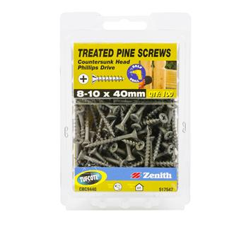 TREATED PINE  SCREWS - TUFCOTE  - CSK SELF EMBEDDING HEAD  - 8g - 10x40mm - PKT 100