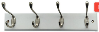 HAT & COAT RACK - 4 HOOK - SATIN NICKEL HOOKS ON WHITE WOODEN RACK - HEAVY DUTY