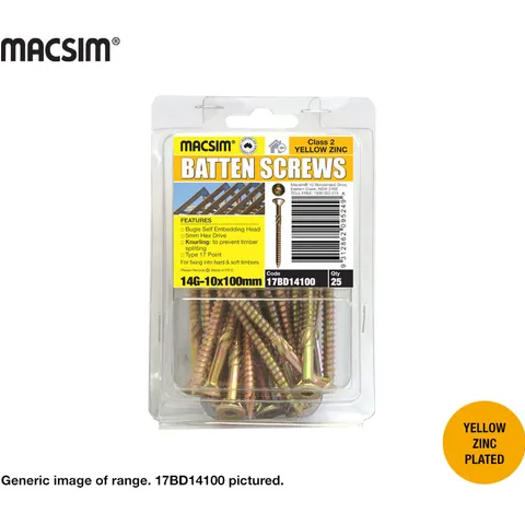 BATTEN SCREWS - TYPE 17 - 14g x 100mm -  BUGLE HEAD -  YELLOW ZINC PLATED - 25 PCS