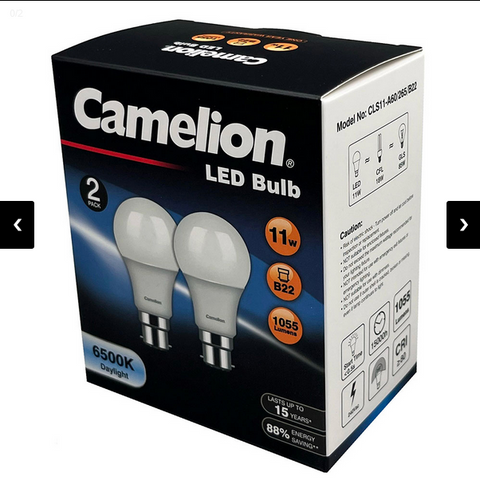 LIGHT GLOBE - LED - BAYONET  - 11W - DAYLIGHT  - 6500k - 1055 LUMENS - 2 PACK