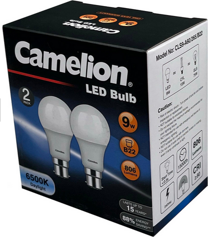 LIGHT GLOBE - LED - BAYONET  - 9W - DAYLIGHT  - 6500k - 806 LUMENS - 2 PACK