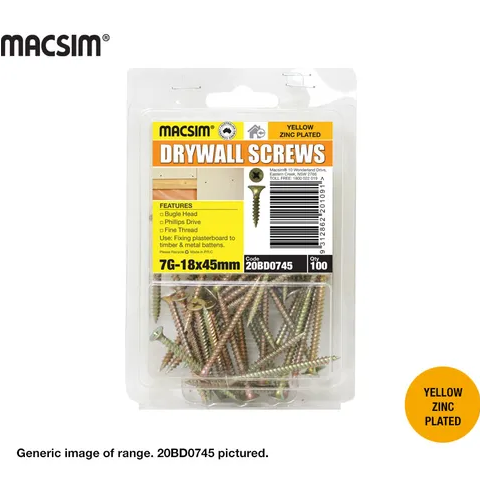 DRYWALL SCREWS - 8g x 75mm -  BUGLE HEAD - YELLOW ZINC PLATED  - PKT 50