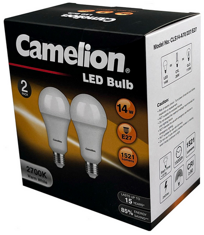 LIGHT GLOBE - LED - ES  - 14W - WARM WHITE  - 2700k - 1521 LUMENS - 2 PACK