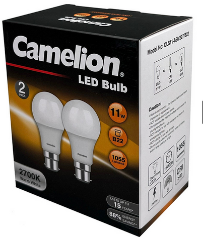 LIGHT GLOBE - LED - BAYONET  - 11W - WARM WHITE  - 2700k - 1055 LUMENS - 2 PACK