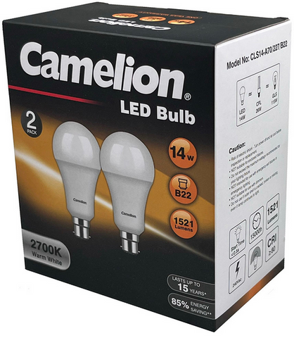 LIGHT GLOBE - LED - BAYONET  - 14W - WARM WHITE  - 2700k - 1521 LUMENS - 2 PACK