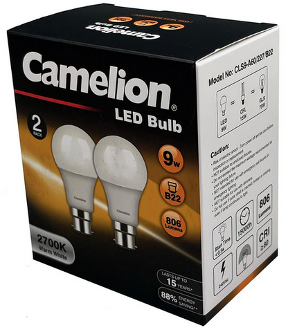 LIGHT GLOBE - LED - BAYONET  - 9W - WARM WHITE  - 2700k - 806 LUMENS - 2 PACK