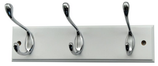 HAT & COAT RACK - 3 HOOK - CHROME HOOKS ON WHITE WOODEN RACK - HEAVY DUTY