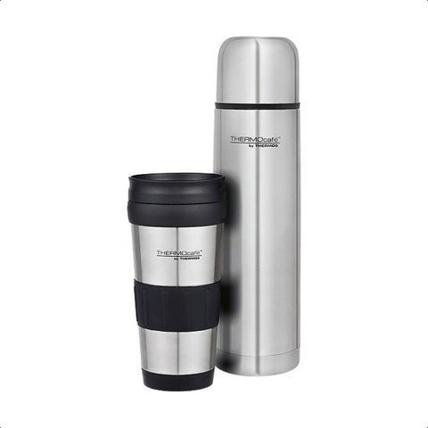 THERMOS - COMBO - 1 LITRE STAINLESS STEEL THERMOCAFE THERMOS + 420ml TRAVEL TUMBLER - GENUINE THERMOS