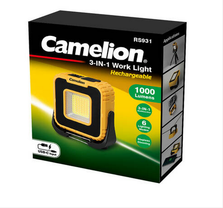 CAMPING LIGHT - WORK LIGHT - RECHARGEABLE - 1000 LUMENS - 3 LIGHTING MODES - CAMELION