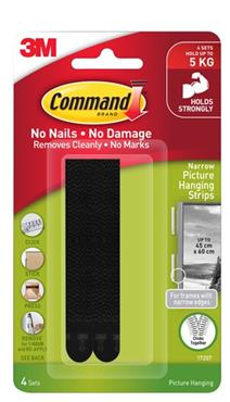 PICTURE HANGER STRIPS - NARROW BLACK  - 4 SETS - COMMAND