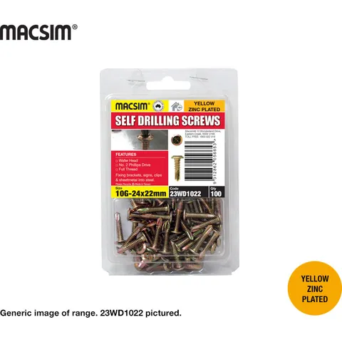 SELF DRILLING SCREWS - WAFER HEAD - YELLOW ZINC PLATED - 10g x 22MM - PKT 100