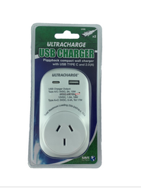 POWER ADAPTOR - PLUG IN WITH 2 USB PORTS INC. TYPE C - ULTRACHARGE
