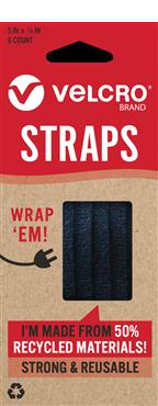 VELCRO TIE STRAPS - ECO BLACK - 9.5mm x 12.7cm  - 6 PIECE