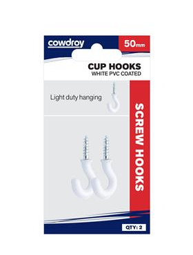 HOOKS - CUP HOOK - WHITE PVC - 50mm   - 2 Pack - COWDROY