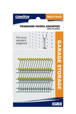 PEGBOARD HOOKS - ASSORTED - 32 PIECE - ZINC PLATED - COWDROY