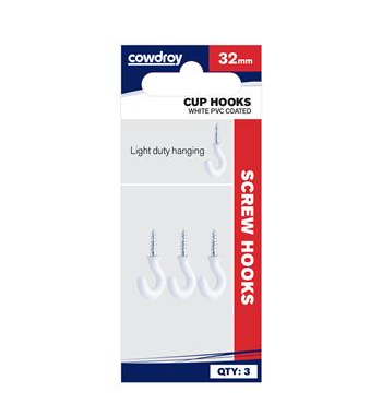 HOOKS - CUP HOOK - WHITE PVC - 32mm   - 3 Pack - COWDROY