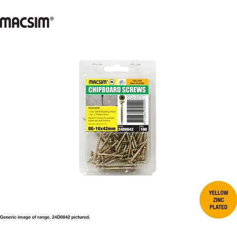 CHIPBOARD SCREWS - YELLOW ZINC PLATED  - CSK SELF EMBEDDING HEAD  - 8 X 51MM - PKT 50