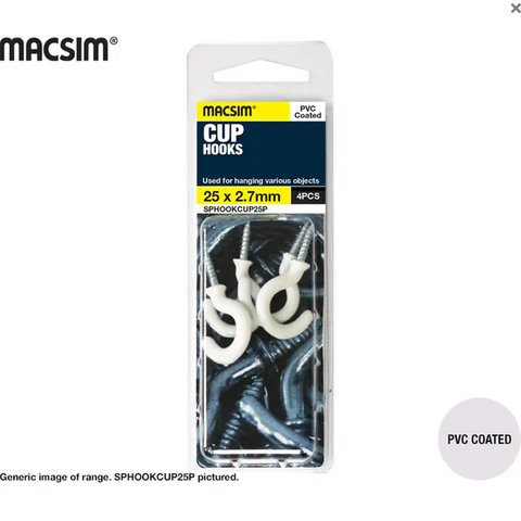 HOOKS - CUP HOOK - WHITE PVC - 32 x 3.0mm   - 3 Pack - MACSIM