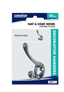 HAT & COAT HOOK - NARROW STYLE - CHROME PLATED  - 60mm - COWDROY
