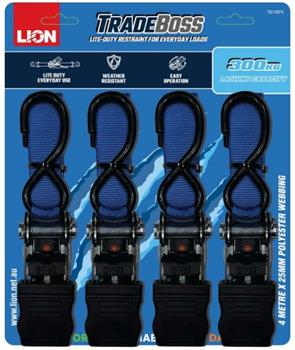 RATCHET TIE DOWN WITH S HOOK - 25mm x 4.5m - 4 PIECE - 300kg