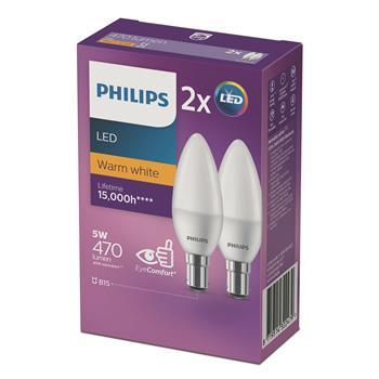 LED CANDLE GLOBE -  SBC -  5W -  470 LUMENS - WARM WHITE - 2 PK - PHILLIPS