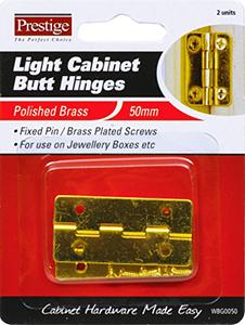 BUTT HINGE - 50mm - LIGHT CABINET BUTT HINGES -  POLISHED BRASS - FIXED PIN - 2 PACK