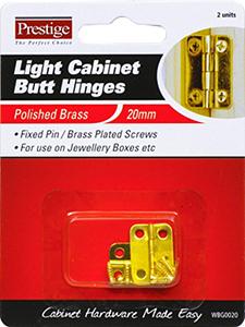 BUTT HINGE - 20mm - LIGHT CABINET BUTT HINGES -  POLISHED BRASS - FIXED PIN - 2 PACK