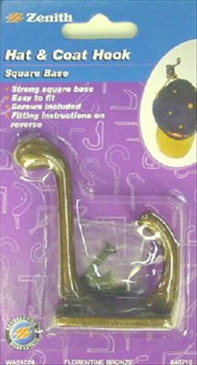 HOOK - HAT & COAT HOOK - SQUARE - FLORENTINE BRONZE - 1 PACK