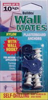 WALL MATES - NYLON  - 10 KILO - WITH WALL HOOKS  - 3 PACK - SELF DRILLING