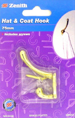 HOOK - HAT & COAT HOOK - BRASS PLATED - 60mm - 1 PACK