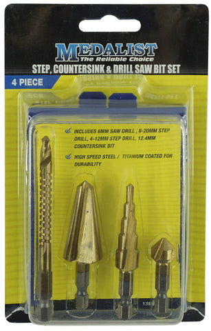 STEP, COUNTERSINK + DRILL SAW BIT SET - 4 PIECE