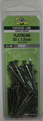 NAILS - FLAT HEAD BRIGHT - 30 x 2mm - PACK  of 60