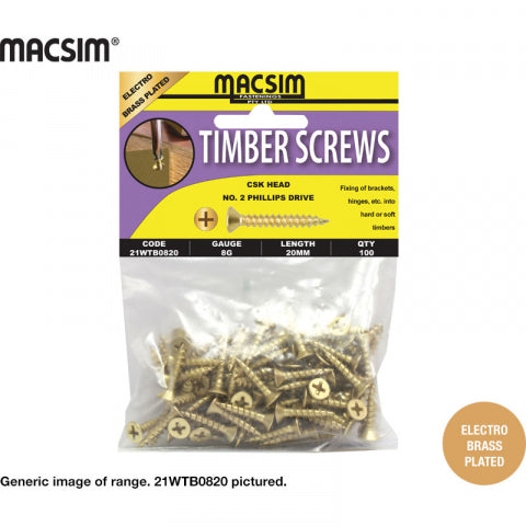TIMBER SCREWS - BRASS PLATED - CSK HEAD - 8 X 25MM - PKT 100