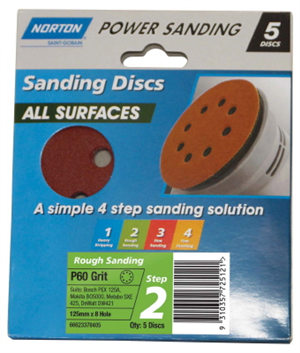 SANDING DISC  - 125mm x 8 HOLE -  P60 - 5 PACK
